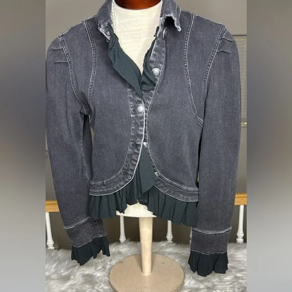 Free People Black Gray Denim Jacket Size Medium Las Vegas Embellished Unique - Picture 3 of 8
